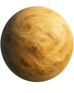 3D render of planet Venus with swirling golden atmosphere isolated on transparent background