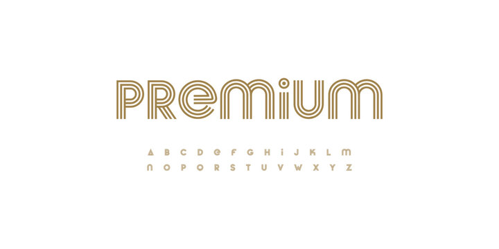 Premium geometric font alphabet, gold triple-line letters, modern Art Deco typography. Luxury branding, logos, headlines, packaging. Elegant display fonts for upscale design. Vector Illustration