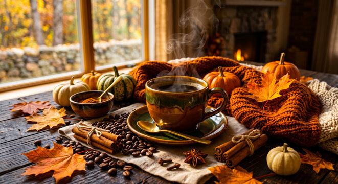 Warm Autumn Coffee Still Life with Cinnamon Pumpkins and Maple Leaves