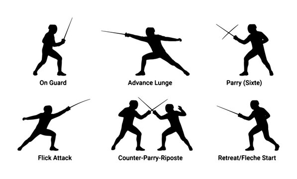 Fencing Silhouettes: 6 Essential Techniques, Vector Set for Sports and Combat Graphics. Includes On Guard, Advance Lunge, Parry, Flick Attack, Counter-Parry-Riposte, and Retreat/Fleche Start.