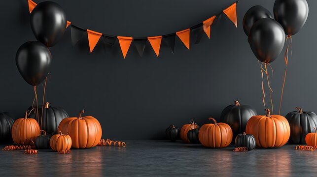 Vibrant orange pumpkins and dark balloons decorate festive halloween party scene
