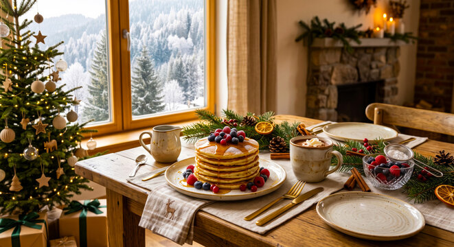 Elegant Christmas Morning Breakfast with Pancakes Berries and Hot Cocoa