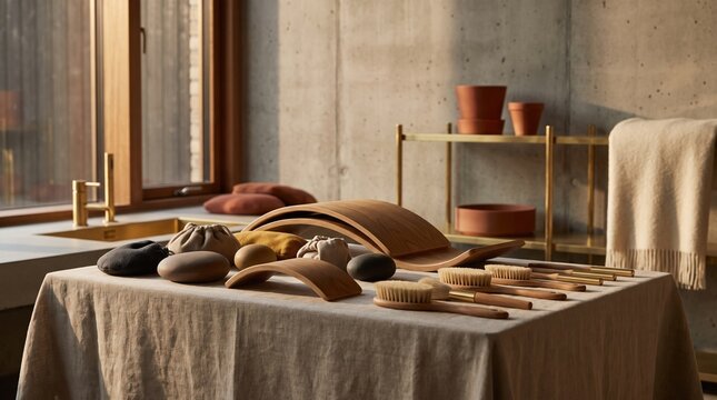 Minimalist Spa Treatment Room with Natural Wooden Massage Tools-(Ruang Perawatan Spa Minimalis dengan Alat Pijat Kayu Alami)