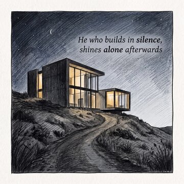 Modern luxury house illuminated at night on hill with motivational success quote