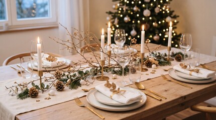 Fototapeta premium Elegant Christmas Dinner Table Setting with Candles and Festive Decorations