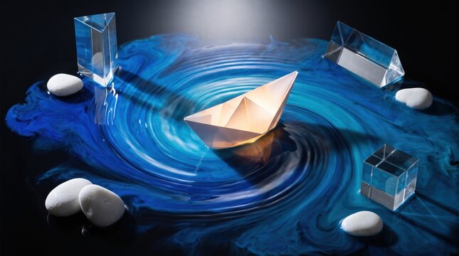 Origami Paper Boat on Blue Swirl Water with Glass Prisms-(Perahu Kertas Origami di Atas Air Pusaran Biru dengan Prisma Kaca)