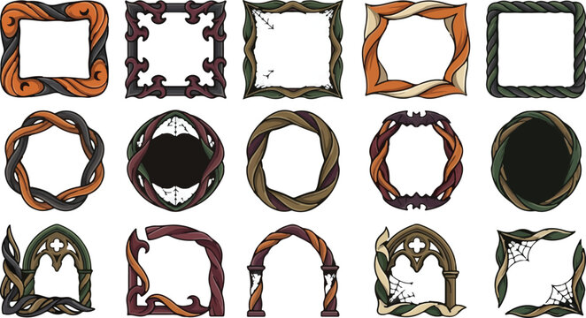 Halloween Vintage skeuomorphic rope borders set. Twisted cord frames collection. Ornate antique knot dividers. Retro nautical design elements. isolated on White Background vector