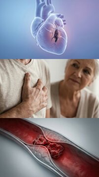 Vascular occlusion illness: thrombosis formation, heart attack, chest pain, artery block, elderly suffer, cardiac risk, patient health, blood vessel, medical concept.