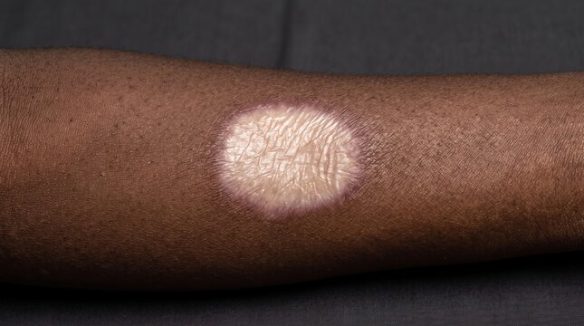 Circular hypopigmentation plaque or tinea corporis fungal infection on dark African American skin, dermatological disease.