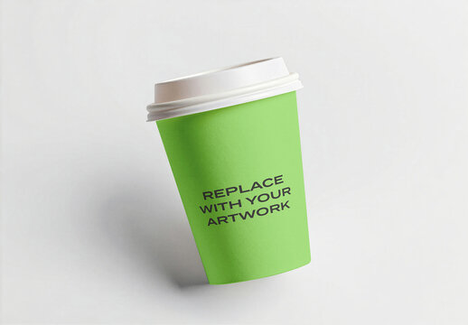 Paper coffee cup mockup with white lid on a clean surface, realistic packaging presentation for branding and print design, template advertising display product visualization