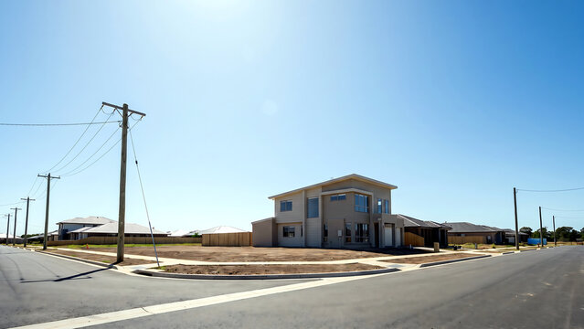 分譲地の角地に建つ一棟の新築住宅と広い更地