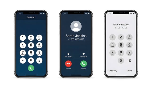 Mobile smartphone interface screens featuring numeric dialer keypad incoming call display and a security passcode lock screen mockup design