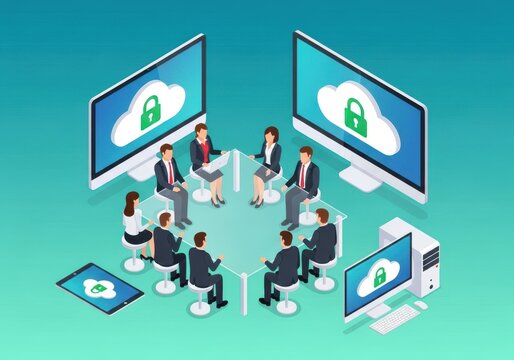 Business team meeting with cloud security and data protection