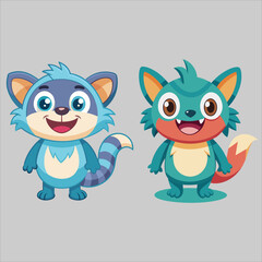 Fototapeta premium Cute Cartoon Animal Set with Funny Cat, Dog, Pig, Fox and Kitten Characters, Sweet Pet Icons and Safari Zoo Illustration for Kids