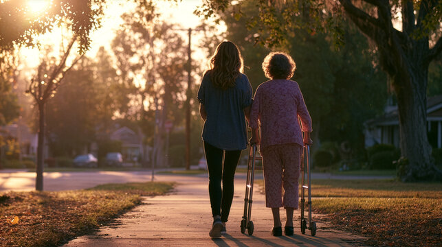 adult daughter walking beside her elderly mother using a walker in a peaceful neighborhood, genuine family support