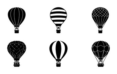 Set of 6 Black and White Hot Air Balloon Icons, Vector Graphics for Travel and Adventure Themes, Simple Silhouette Designs © Mehedi