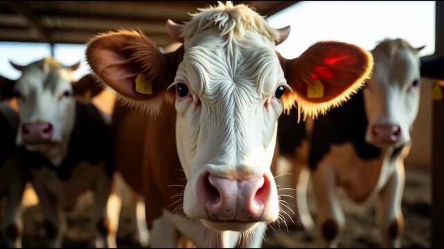 A group of cows standing side by side, a peaceful scene