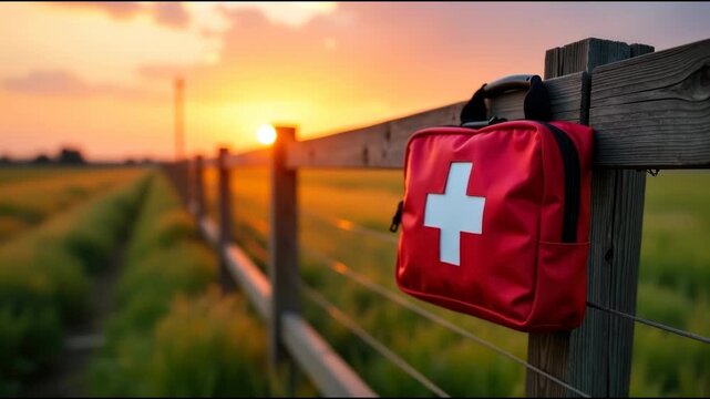 A first aid kit hangs from a fence, ready for use