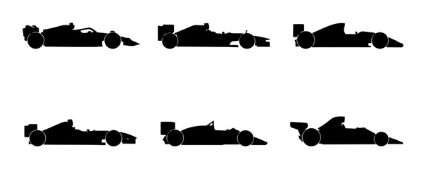 Naklejka premium Formula 1 Racing Car Silhouettes, Set of 6 Dynamic Speed Vectors, Motorsport Competition Graphics, Automotive Design Elements, Black and White Speed Symbols