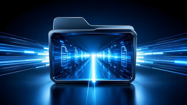 Glowing digital folder acting as tunnel for multiple document files representing high capacity network storage archiving