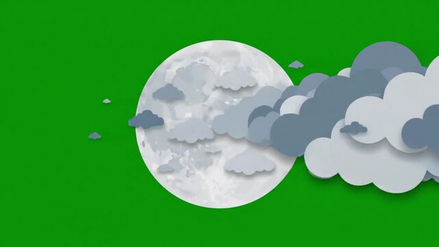 Paper cut style clouds passing in front of a full moon animation on green screen