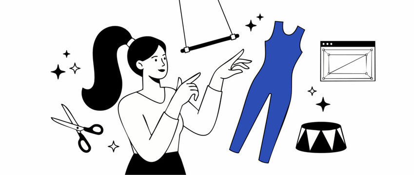 Costume designer designing circus outfit vector illustration of female artist tailoring blue leotard with trapeze scissors and digital graphic design software elements for creative performance