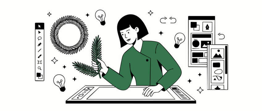 Graphic designer woman creating digital illustration with drawing tablet in creative studio workflow, vector line art concept of artist brainstorming ideas, UI UX web design process background.