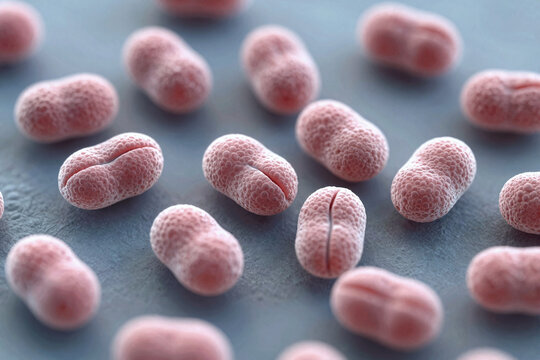 Close-up view of pink bacteria on a surface showcasing their unique shapes
