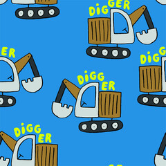 Cute cartoon digger machine with word digger on blue background repeating pattern for children's textile design © SA Graphic Desing