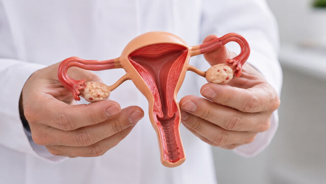 Doctor holding anatomical model of female uterus with ovaries in hands. Gynecology and women health concept. Medical consultation, reproductive system examination and healthcare education.