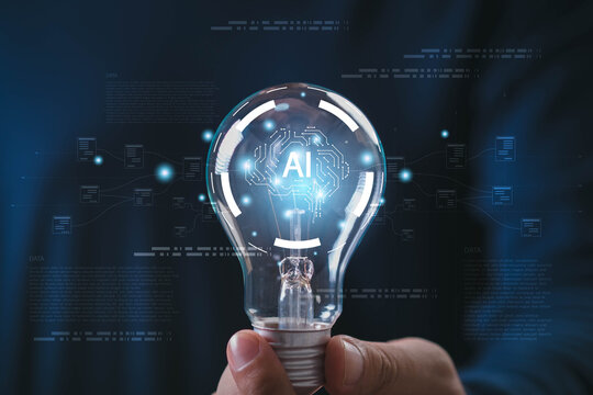 AI technology concept featuring a glowing light bulb held by hand, with digital data networks, circuit patterns, symbolizing artificial intelligence, innovation, ideas, automation, future technology.