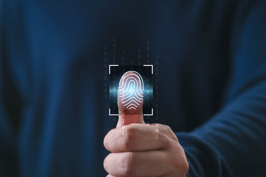 Biometric fingerprint authentication concept showing a hand with a digital scan interface, binary code, and blue technology background, symbolizing identity verification, privacy, and secure access.
