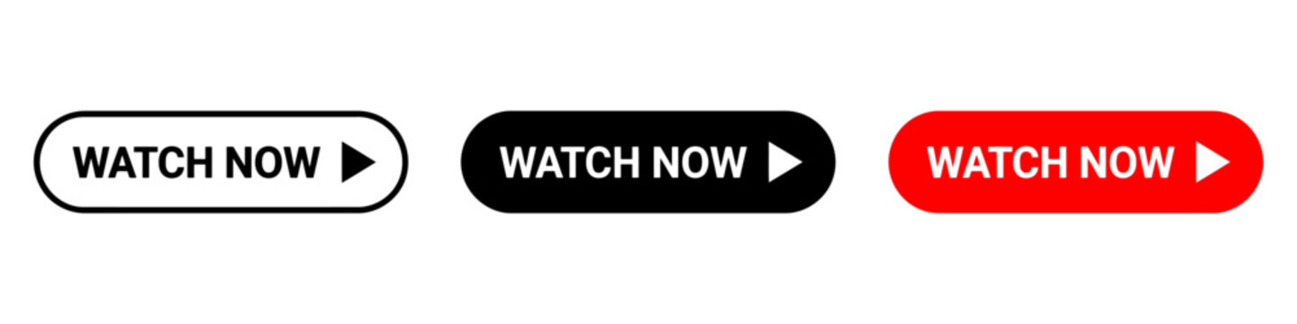 Watch now button set, minimalist video player call to action icons, red and black streaming interface elements for web and app