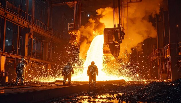 Steelworkers Pouring Molten Metal in a Smelting Plant.