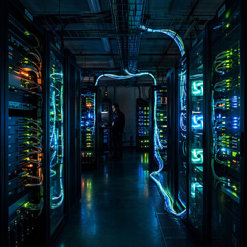 Data Center Server Room with Technician and Glowing Cables