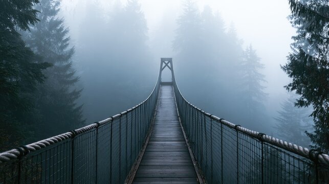 Misty suspension bridge receding into a foggy forest, leading to a central structure