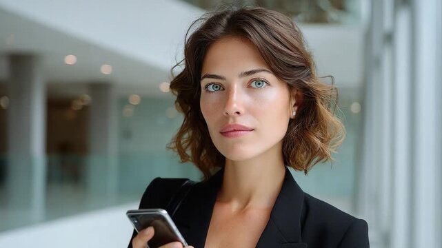 Confident Professional Woman with Mobile Device: A stylish businesswoman with striking eyes and short brown hair holds a smartphone.