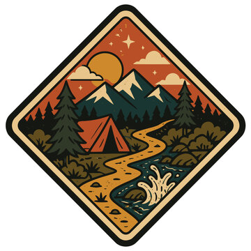 Retro style diamond shaped camping adventure sticker illustration with tent mountains and river.