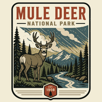 Retro National Park Badge Featuring a Mule Deer Buck in Mountain Landscape.
