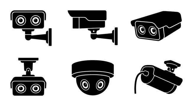 Security Camera Icons Set, Surveillance System Vector Graphics, CCTV Equipment Collection, Monitoring Technology Symbols