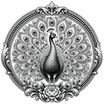 Vintage black and white engraving of a peacock with spread feathers in an ornate circular frame.