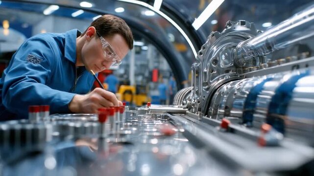 Skilled Mechanic Working on Industrial Machinery: A focused mechanic in safety glasses and blue uniform meticulously inspects a complex piece of industrial equipment.