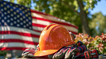 Plakat Festive Labor Day scene with an orange hard hat positioned in front of a softly waving American flag, construction gloves and tools arranged around the helmet, bright outdoor daylight, patriotic red