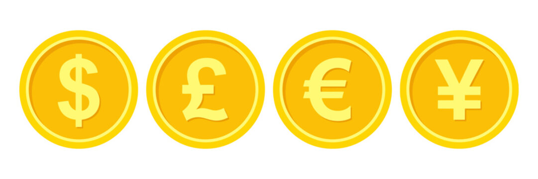 Golden currency coins set with dollar, pound, euro and yen symbols. Flat vector money icons for financial banking and global trade.