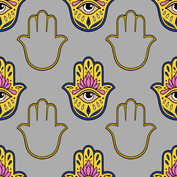 Seamless vector pattern with colorful Hamsa hand symbols and protective evil eyes on a grey background