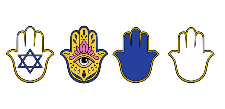 Hamsa hand vector illustration set with Star of David and evil eye symbols for spiritual protection