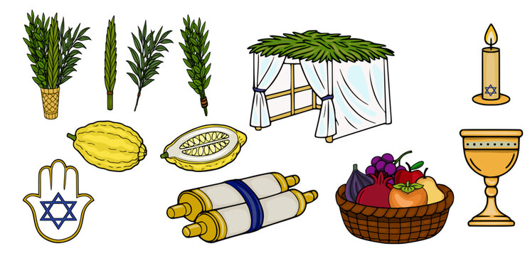 Sukkot holiday celebration vector set with sukkah, etrog, lulav, torah scroll, hamsa and fruit basket