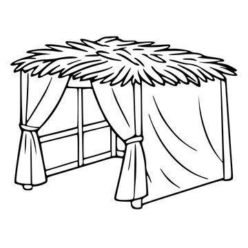 Sukkot Sukkah vector illustration of a traditional Jewish festival hut with a thatched roof and fabric curtains