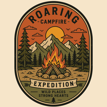 Vintage roaring campfire expedition badge with mountains and pine trees illustration.