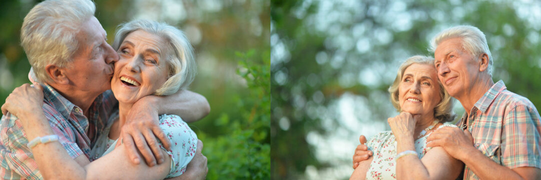 Senior couple embracing and smiling outdoors in park
